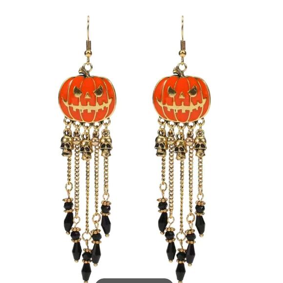 Pumpkin Skull Beaded Dangle Boho Gold Toned Earrings - Picture 2 of 4